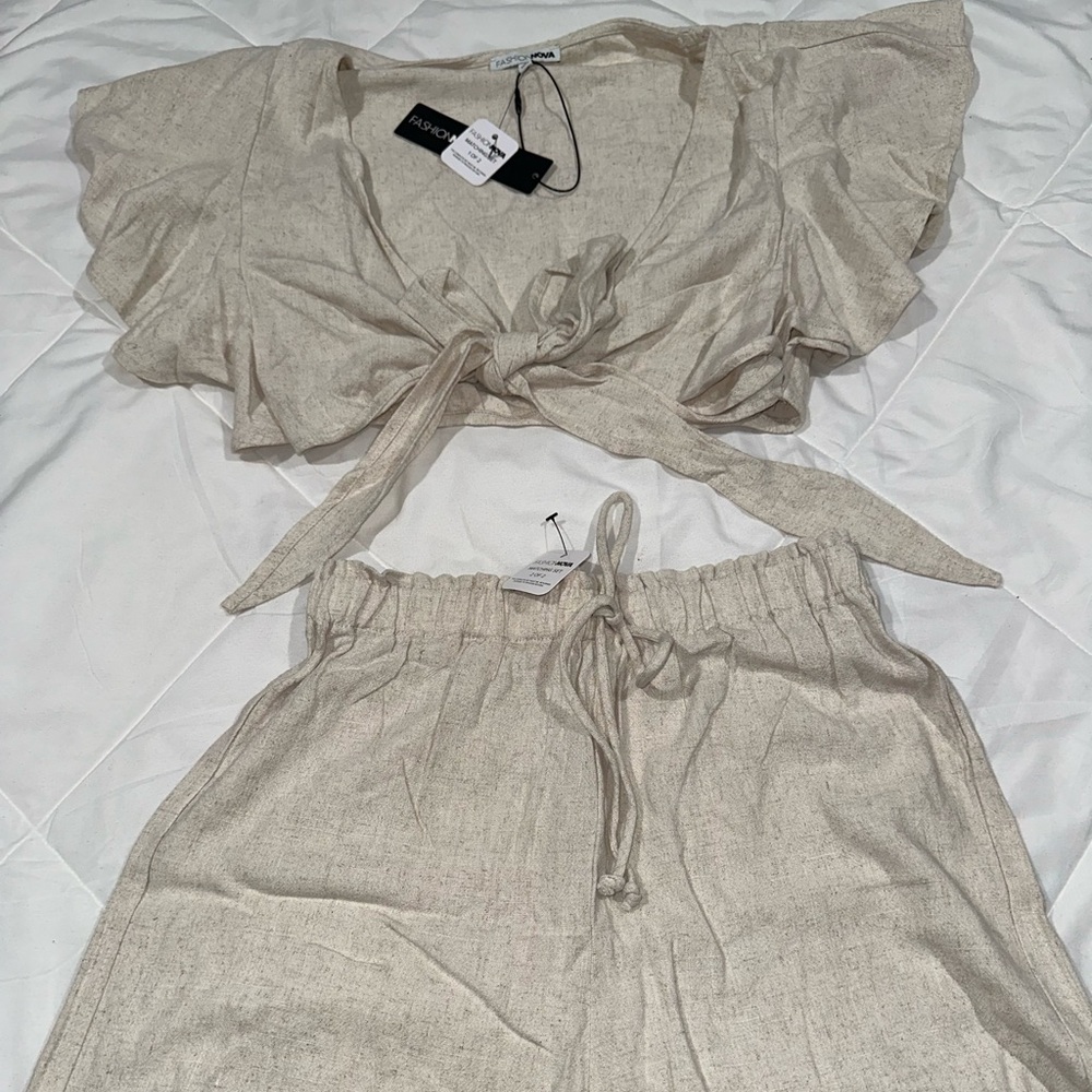 Beige Tie-Front Top and Shorts Set